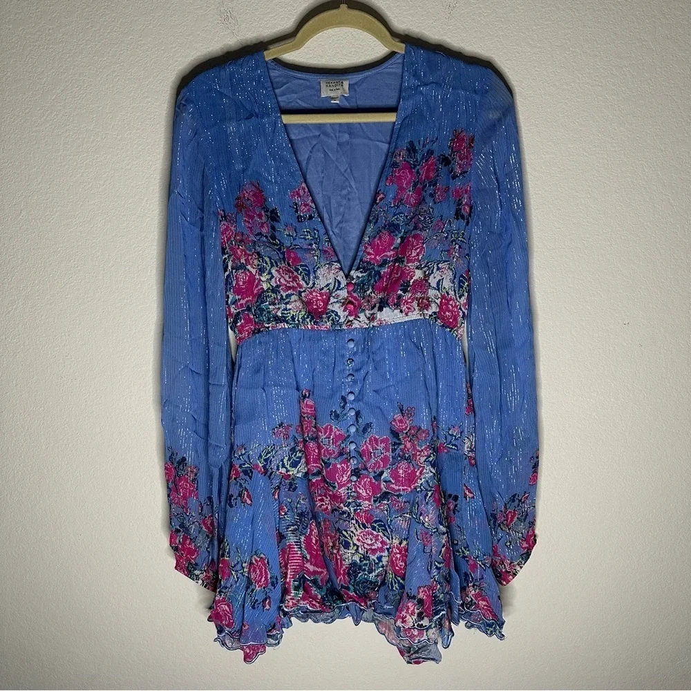 HEMANT & NANDITA Metallic Stripe Floral Minidress SZ M - Picture 2 of 7